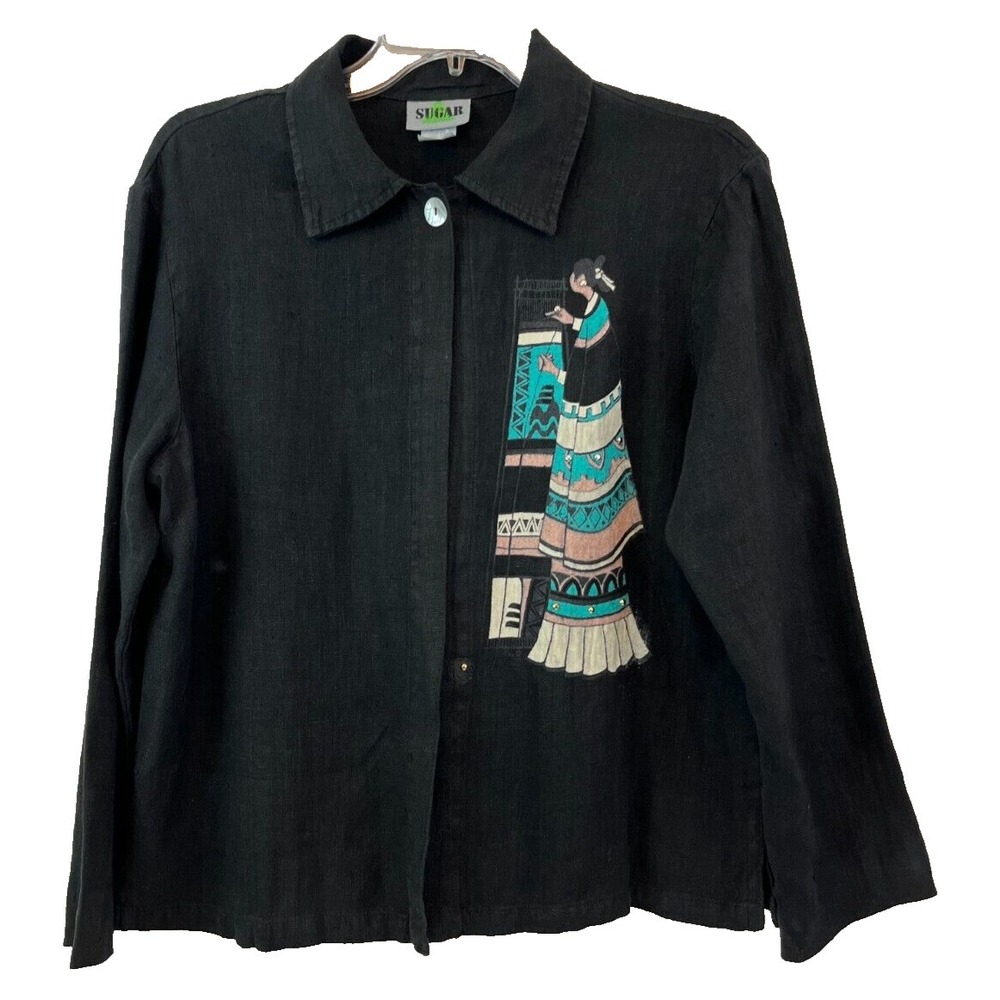 SUGAR Women's Top Size M Vintage Linen Black Native American Woman Art USA